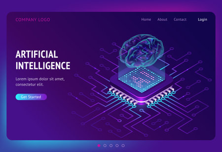 Artificial intelligence isometric landing page, ai technologies, glowing human brain levitate on...