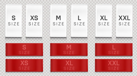 Red white cloth labels with size for apparel, brand tags S, L, M, XL symbols, textile badges with...