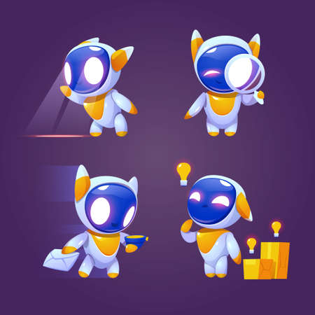 Cute robot character in different poses. Vector set of cartoon chat bot, funny electronic cyborg looks through magnifying glass, delivers mail, thinks about idea. Creative emoji set, smart mascotのイラスト素材
