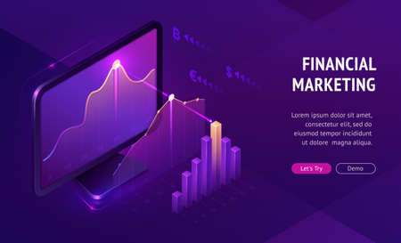 Financial marketing isometric landing page. Digital business, online trading and investment, automation technology, SEO optimization. Computer desktop with analytics data charts, 3d vector web bannerのイラスト素材