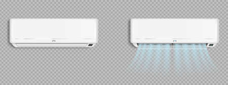 Air conditioner with cold wind waves, conditioning off and on regime for home and office, electronic modern appliance for controlling temperature and climate in room, realistic 3d vector illustrationのイラスト素材