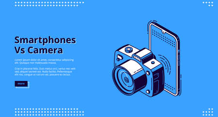 Smartphones vs camera banner. Competition mobile photo versus dslr photography. Vector background with isometric illustration of mobile phone and camera. Concept of choice digital device for shootのイラスト素材
