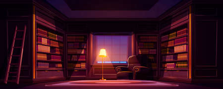 Luxury old library interior at night, dark empty room for reading with books on wooden shelves, ladder, cozy armchair, glowing floor lamp and closed window, athenaeum place Cartoon vector illustrationのイラスト素材