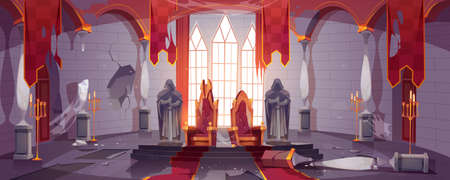 Abandoned medieval castle with gold royal thrones. Vector cartoon interior of old dirty palace with king and queen chairs, stone statues of knights, torn flags and broken columns and floorのイラスト素材