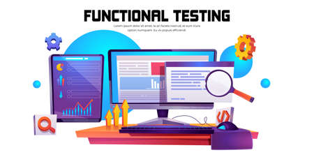 Functional testing banner. Methodology of programming, search errors and bugs in software, quality control of program or app. Vector cartoon illustration of function test with computer screenのイラスト素材