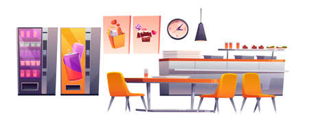 School cafe, college canteen, dining room stuff. Isolated counter desk with trays, meals and beverages, table with chairs, vending machines with snacks and drinks, banners, Cartoon vector illustrationのイラスト素材