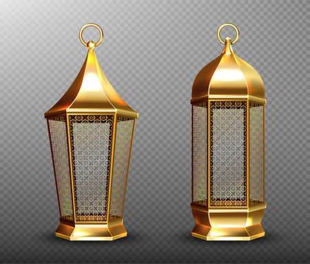 Arabic lamps, gold lanterns with arab ornament, ring, place for candle. Accessories for islamic ramadan holiday. Realistic 3d vector vintage luminous shining lights isolated on transparent backgroundのイラスト素材