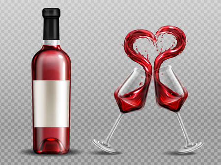 Red wine heart splash in wineglasses and close bottle. Full glasses with alcohol drink clinking isolated on transparent background. Valentine day or romantic dating realistic 3d vector illustrationのイラスト素材