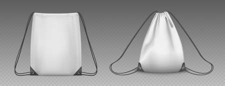 Backpack bag with drawstrings isolated on transparent background. Vector realistic mockup of school pouch for clothes and shoes, white empty and full sport knapsacks with stringsのイラスト素材
