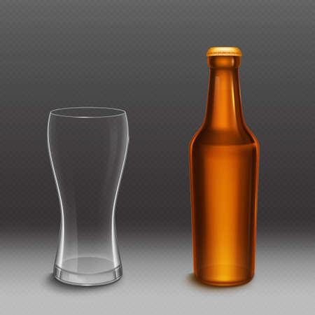 Beer bottle and empty tall glass. Vector realistic mockup of blank lager or dark beer bottle from brown glass with golden cap and clear mug. Template of alcohol beverage designのイラスト素材
