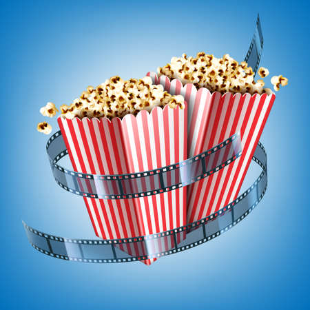 Movie theater flyer with film strip and popcorn in striped paper boxes. Vector realistic illustration of white and red buckets with pop corn and cinema tape on blue backgroundのイラスト素材