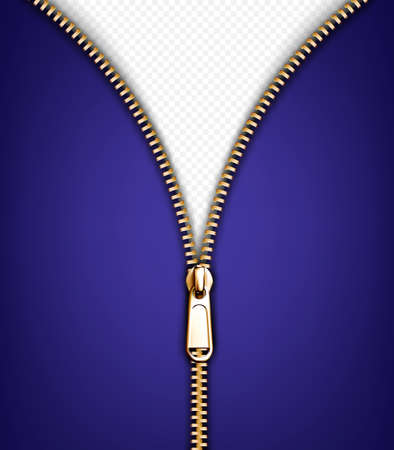 Zip fastener, open gold metal zipper with puller on purple fabric. Unzip clothing hardware, apparel accessory, lock for garment isolated on transparent background, Realistic 3d vector illustrationのイラスト素材