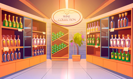 Wine shop, cellar interior with alcohol beverages collection, bottles on wooden shelves. Store in...