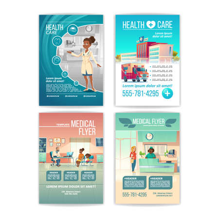 Medical flyers set. Health care service posters with people in hospital, clinic building and interior with receptionist on reception desk, patient on doctor appointment. Cartoon vector illustrationのイラスト素材