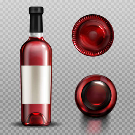 Red wine in glass bottle front, top and bottom view. Vector realistic mockup of clear glass bottle with blank white label full of cabernet, merlot or bordeaux isolated on transparent backgroundのイラスト素材