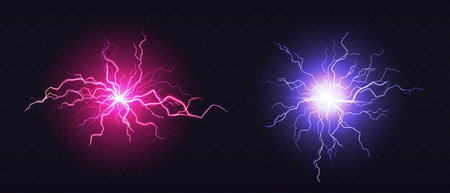 Lightning ball, electric strike impact. Vector realistic set of sparking blue and pink flashes,...