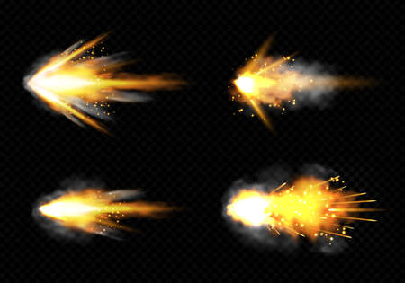 Gun flashes with smoke and fire sparkles. Pistol shots clouds, muzzle shotgun explosion. Blast motion, weapon bullets trails isolated on black background. Realistic 3d vector illustration, icons setのイラスト素材