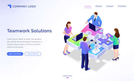 Teamwork solutions isometric landing page. Team of business people working at office desk in shape of connected puzzle pieces. Cooperation, partnership, connection. 3d vector illustration, web bannerのイラスト素材