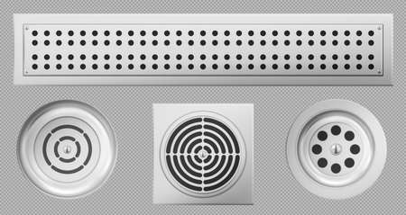 Shower drainage holes with stainless covers isolated on transparent background, drain sewers of round, rectangular and square shape for toilet, bathroom or basin top view Realistic 3d vector icons setのイラスト素材