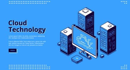 Cloud technology banner. Concept of digital information storage and network system. Vector landing page of internet service for access to server database with isometric icons of computer and hardwareのイラスト素材