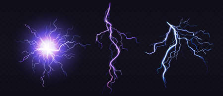 Electric ball and lightning strike, impact place, plasma sphere or magical energy flash of blue and lilac colors isolated on black background. Powerful electrical discharge, Realistic 3d vector setのイラスト素材