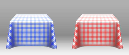 Checkered tablecloths on square tables. Empty dining desks with blue and red linen clothes for restaurant banquet, holiday event or home dinner. Template with fabric cover realistic 3d vector mockupのイラスト素材