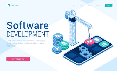 Software development banner. Concept of engineering and programming mobile applications, website api, internet technologies. Vector landing page with isometric smartphone, crane and buttonsのイラスト素材