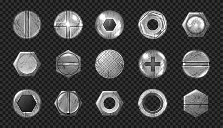 Old screw and nail heads set, steel metal bolts, grunge rusty rivets hardware grey caps with grooves and holes top view isolated on transparent background. Realistic 3d vector illustration, iconsのイラスト素材