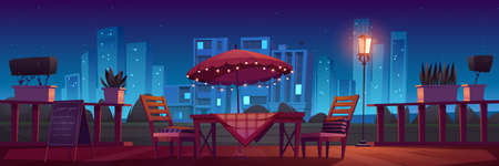 Cafe or restaurant terrace with table, umbrella and chairs at night. Vector cartoon illustration with outdoor cafeteria. Summer cityscape with cafe patio with plants and garland lights in eveningのイラスト素材