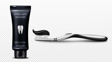 Black toothpaste in tube and on brush isolated on transparent background. Vector realistic mockup of paste for dental clean and oral hygiene in black plastic package and toothbrushのイラスト素材