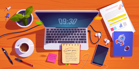 Top view of workspace with laptop, stationery, coffee cup and plant on wooden table. Vector cartoon...