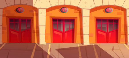 Fire station garage doors with signaling, gates box for truck. Municipal emergency department...
