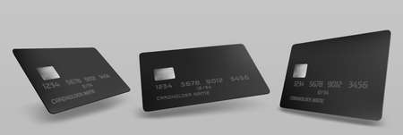 Black credit card mockup, isolated blank template with chip on grey background. Plastic mock up for business identity or branding presentation, payment financial tool, Realistic 3d vector illustrationのイラスト素材