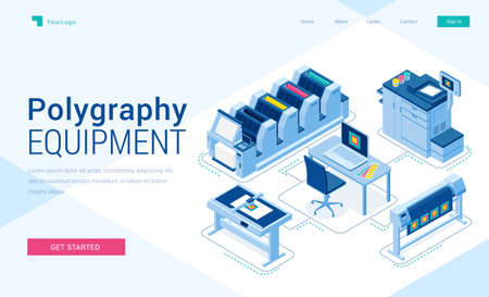 Polygraphy equipment banner. Typography business, printing service. Vector landing page of printing house with isometric illustration of press equipment, offset, plotter and computerのイラスト素材