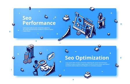 SEO performance and optimization isometric banner. Technology for internet marketing and digital business content. Tiny people with office stuff workflow process, 3d vector line art web header, footerのイラスト素材