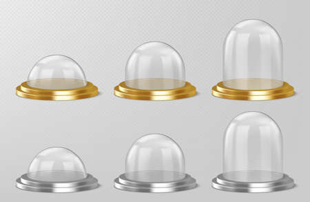 Realistic glass domes, christmas snow globe souvenirs, isolated crystal semisphere containers on silver and golden base small, medium and large size. Festive xmas gift mock up, Realistic 3d vector setのイラスト素材