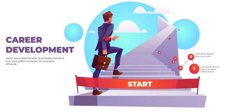 Career development infographics banner, ladder to success. Businessman climb upstairs from start. Business and finance success achievement. Ambition plan, work opportunity Cartoon vector illustrationのイラスト素材