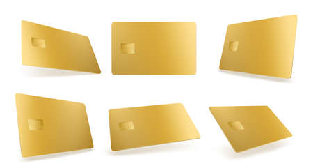 Gold credit card mockup, isolated golden blank template with chip on white background. Plastic mock up for business identity and branding presentation. Realistic 3d vector payment financial tool setのイラスト素材