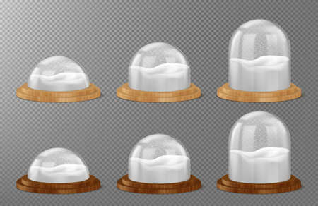 Christmas snow globes on wooden base isolated on transparent background. Vector realistic mockup of glass or clear plastic dome different shapes with white snow. Winter crystal ball on wooden standのイラスト素材