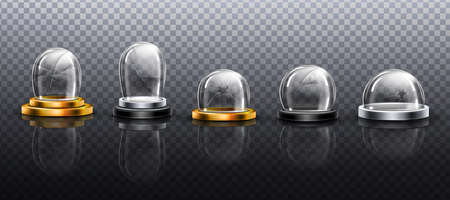 Broken glass domes on metal, gold and silver podium. Vector realistic mockup of empty clear acrylic bell jar with cracks and fracture. Damaged snow balls isolated on transparent backgroundのイラスト素材