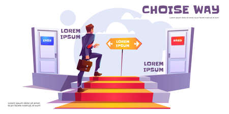 Choice way concept, businessman climb upstairs choose between easy and hard way doors. Career development, ladder to success, business and finance achievement, work solution Cartoon vector bannerのイラスト素材