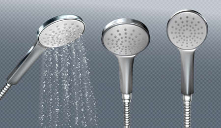 Shower head with water spray isolated on transparent background. Vector realistic mockup of metal sprinkler with hose and falling drops. Equipment for douche and bathのイラスト素材