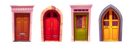 Wooden arch front doors with stone doorway isolated on white background. Vector cartoon set of house...