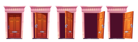 Opening wooden front door with stone frame isolated on white background. Vector cartoon set of house...