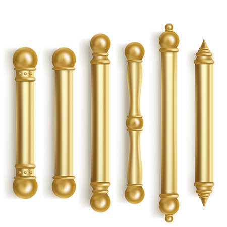 Baroque gold door handles for room interior in office or home. Vector realistic set of vintage golden long door pull knobs. Bar shape handles with balls isolated on white backgroundのイラスト素材