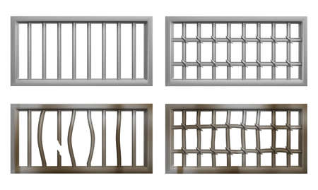 Prison window with metal bars and grate. Vector realistic set of window grid of steel rods in jail cage. Old rusty and broken grilles for prison cell isolated on white backgroundのイラスト素材