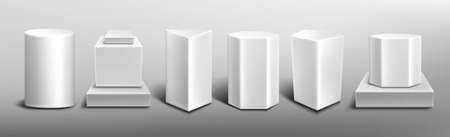 White pedestals, empty 3d stands different shapes. Vector realistic set of blank podiums for display product in showcase, exhibition object. Template of platforms for presentationのイラスト素材