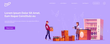 Goods delivery, distribution cartoon landing page. Woman customer, owner of alcohol store signing documents to confirm receiving of freight order from provider or logistics company, vector web bannerのイラスト素材