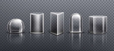 Glass or clear plastic domes different shapes isolated on transparent background. Vector realistic mockup of empty protection cover, acrylic bell jar. Exhibition display casesのイラスト素材