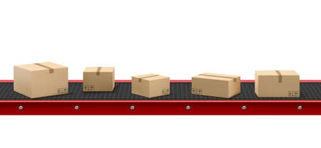 Conveyor belt with cardboard boxes at factory, plant or warehouse. Vector realistic illustration of automated machine in production line with product packages isolated on white backgroundのイラスト素材